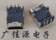 Mini USB母座5P|B型四脚插板|端子90度DIP式铜壳|小型迷你长脚5PIN