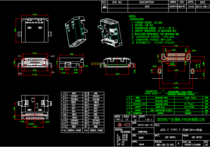 USB C TYPE F 沉板0.8MM母座CAD图纸